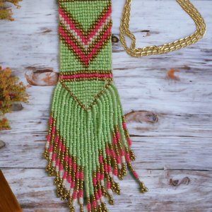 Vintage Native American Western Hand Made Glass Seed Beed Fringe Necklace